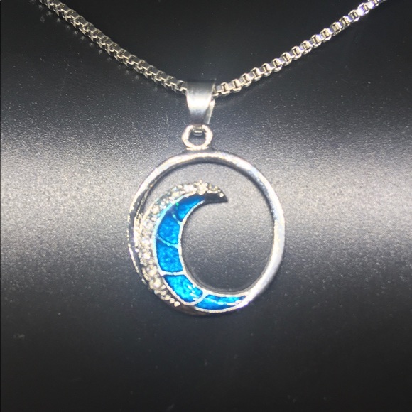 Ride The Waves W/ This Blue Opal With Crystal Lining The Wave Pendant Necklace - Picture 1 of 2